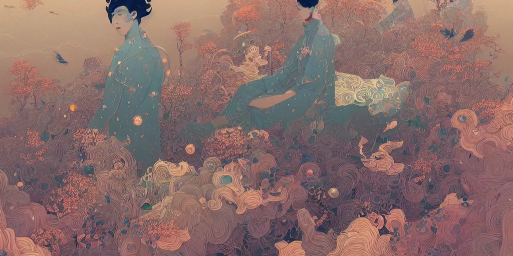 Prompt: breathtaking detailed concept art by victo ngai, bizarre compositions, exquisite detail, pastel colors, 8 k