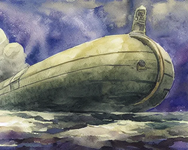 Prompt: Watercolor painting of an underwater submarine