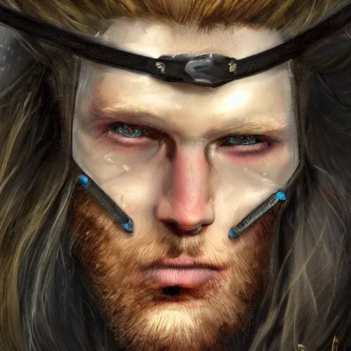 Prompt: A man with red hair parted in the middle in a surfer's cut, straight hair down to the ear. His left eye has three diagonal wounds, but the eye is open. He wears a black cloak with a collar. painted fantasy character portrait, head shot, concept art, sharp focus, highly detailed, illustration, trending on artstation, art by greg rutkowski