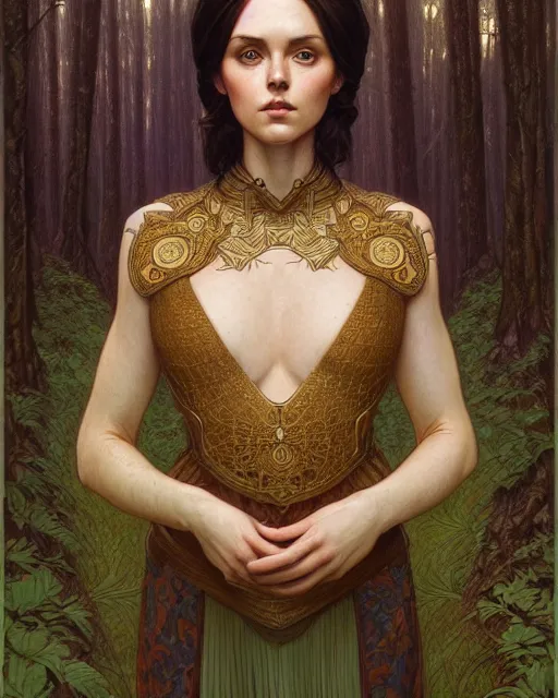 Prompt: symmetry portrait of welsh brunette princess with short hair, mans tunic, forest background, intricate, elegant, highly detailed, digital painting, artstation, concept art, smooth, sharp focus, illustration, art by artgerm and greg rutkowski and fra angelico and alphons mucha