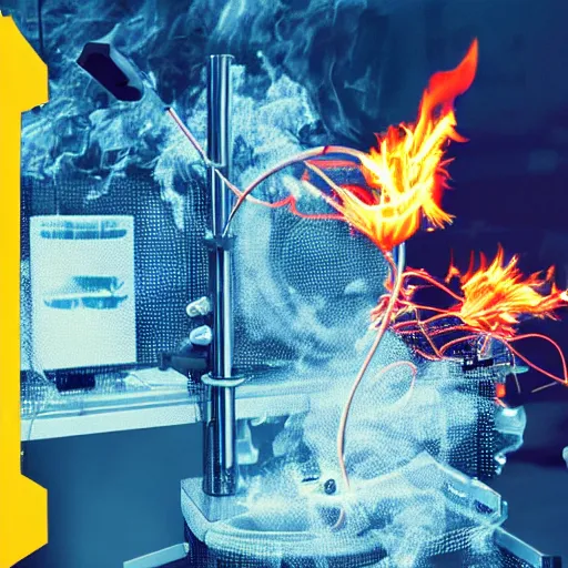 Prompt: posterized image of science equipment on fire