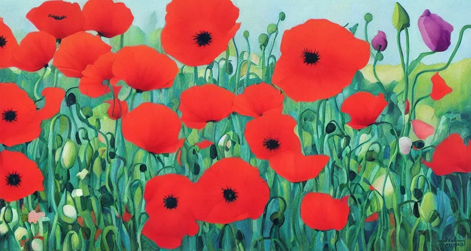 Prompt: beautiful oil painting of poppies and peonies by Georgia O'Keeffe