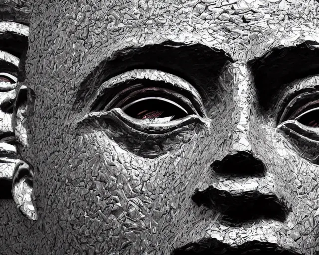 Prompt: a long shot of a giant award winning sculpture of a human head made out of human eyes, in the style of chad knight, hyper detailed, hyper realistic, ray tracing, 8 k resolution, sharp focus, realistic water