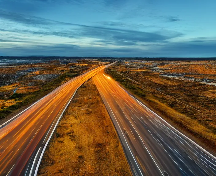 Image similar to 4 k hd, high detail photograph of a highway on the coast at sunset, shot with sigma f / 4. 2, 2 5 0 mm sharp lens, wide shot, consistent, isometric view, volumetric lighting, high level texture render