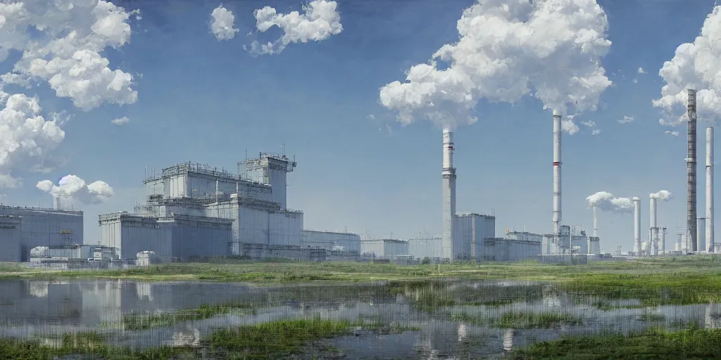 Image similar to clean and optimistic nuclear power plant, ruan jia, steve mccurry, ivan shishkin, studio ghibli