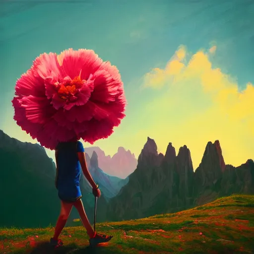 Image similar to giant carnation flower as a head, girl hiking in the dolomites, surreal photography, sunrise, dramatic light, impressionist painting, colorful clouds, digital painting, artstation, simon stalenhag