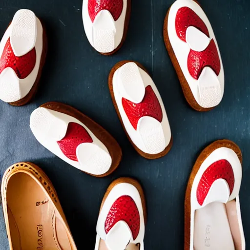 Prompt: leather loafers filled with strawberry cream cheese