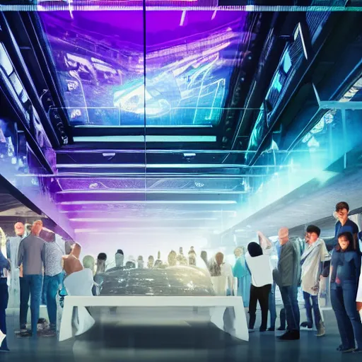 Image similar to large group people in a huge warehouse, looking at hologram of futuristic city on a table | cinematic concept art | godrays | 4 k | clear details | tabletop model | tabletop | hologram foreground
