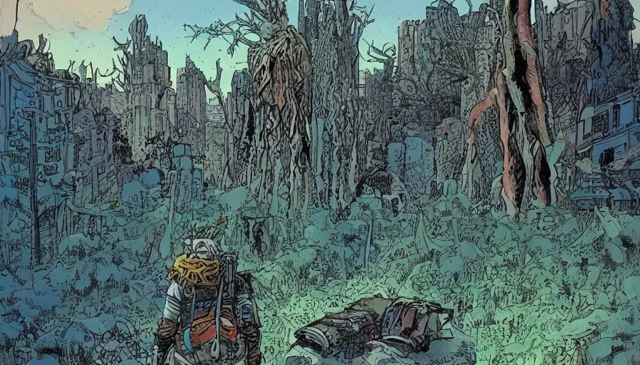 Image similar to ligne claire art of a druid in postapocalyptic city intertwined with nature in the open space, street - level view, by moebius, bright colors, eisner award - winning spread