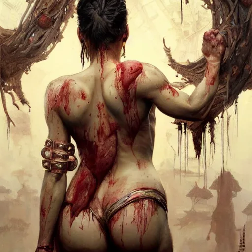 Prompt: portrait painting of a muscular bloodied indian middle aged woman lower back, ultra realistic, concept art, intricate details, eerie, highly detailed, photorealistic, octane render, 8 k, unreal engine. art by artgerm and greg rutkowski and alphonse mucha