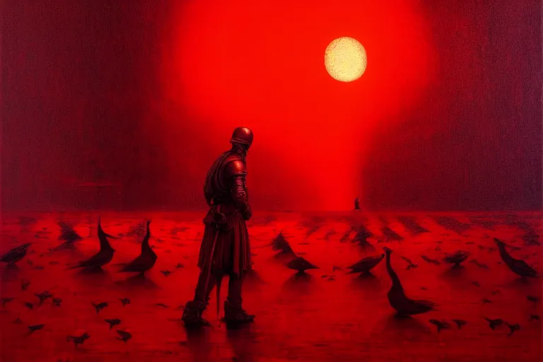 Image similar to only with red, a red dystopic knight, venice, flock of birds in the red sky, in the style of beksinski, parts by edward hopper, parts by rodcenko, parts by yue minjun, intricate and epic composition, red by caravaggio, insanely quality, highly detailed, masterpiece, red light, artstation, 4 k