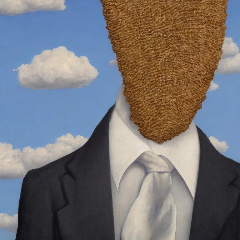 Image similar to portrait of a faceless burlap sack - head man in a suit, clouds in the background, by rene magritte, detailed painting, distance, centered, hd, hq, high resolution, high detail, 4 k, 8 k