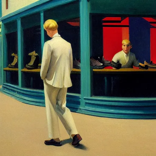 Prompt: a detailed painting, blonde man at a shoe store, edward hopper,