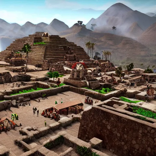 Prompt: super wide angle cinematic shot of an ancient incan city on a festive day, unreal engine, masterpiece