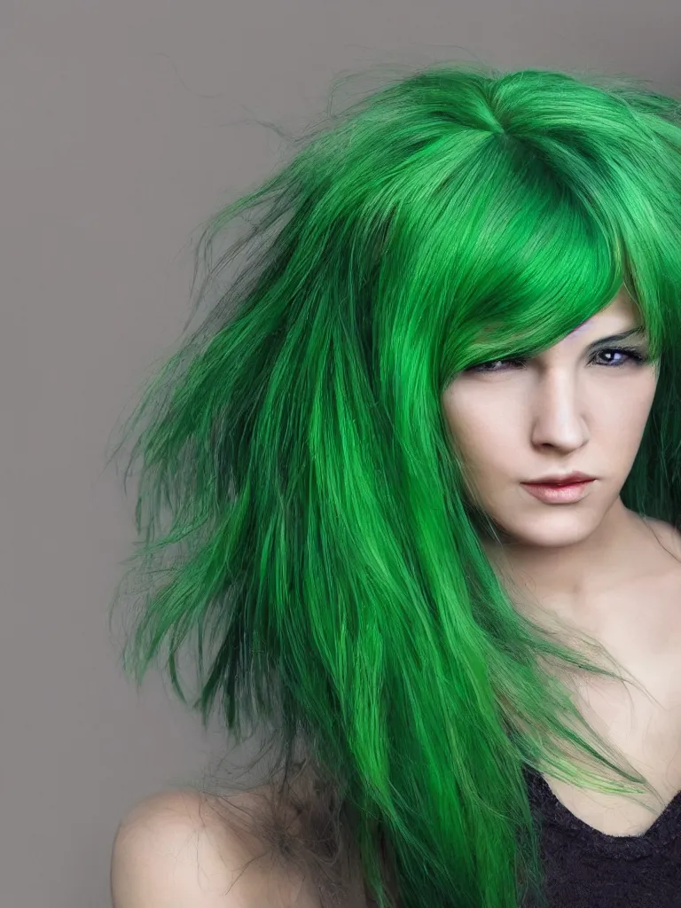 Prompt: Portrait of a woman with green hair, ultra-realistic, HD