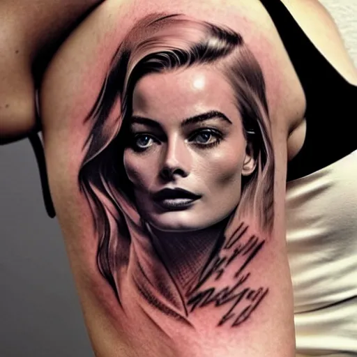 Image similar to double exposure tattoo design sketch of beautiful margot robbie in the shape of beautiful mountains, in the style of matteo pasqualin, amazing detail