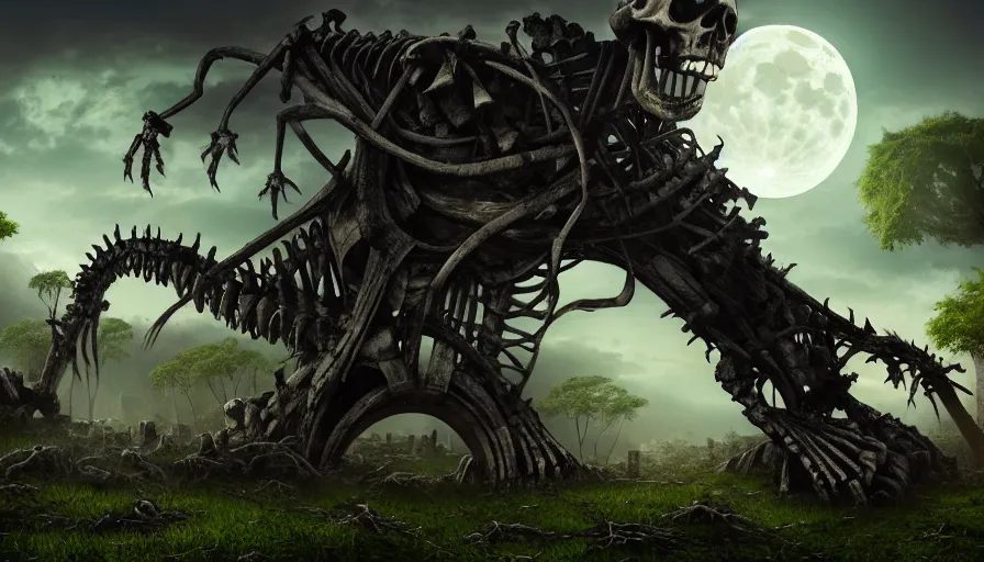 Prompt: giant monster skeleton in ancient ruins, vines, forest, hyperrealistic, highly detailed, cinematic, single ray of moon, dark sky, beautiful, cgssociety, artstation, 8 k, oil painting