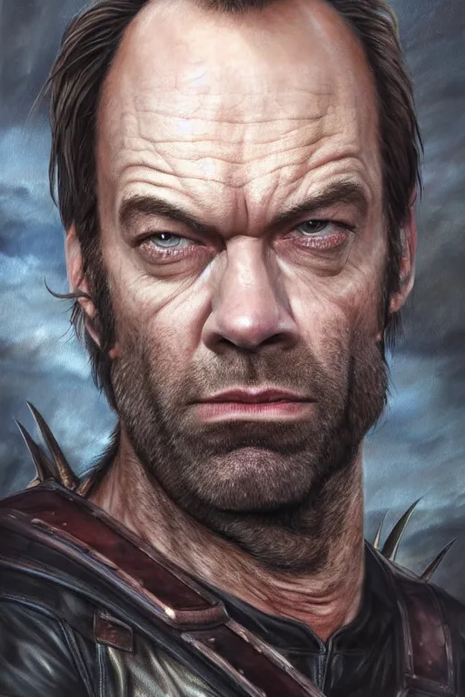 Image similar to a full body high detail fantasy portrait oil painting illustration of a Hugo Weaving as Wolverine by Justin Sweet with face and body clearly visible, in a scenic background, pupils visible, realistic proportions, artstation trending, high quality, sombre mood, artstation trending, muted colours, no crop, entire person visible!, natural light, dusty, Adobe Photoshop, Adobe Lightroom, photolab, Affinity Photo,