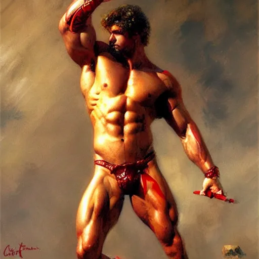 Image similar to greek god, muscular, red and gold, detailed face, thighs, painting by Gaston Bussiere, Craig Mullins