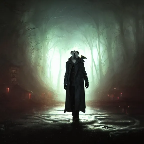 Image similar to a movie still from final fantasy live action, a ferret in a trenchcoat, evocative, mystical night, sharp focus, very very very very detailed, award winning, masterpiece digital painting by greg rutkowski, alex grey, marc adamus, beautiful dramatic lighting, artstation, 4 k wallpaper, style by peter deligdisch, peterdraws