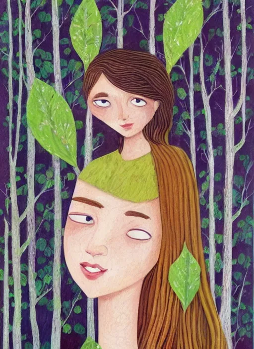 Image similar to a wonderful childrens illustration book portrait painting of a woman with serene emotion, art by tracie grimwood, forest, trees, many leaves, birds, whimsical, aesthetically pleasing and harmonious natural colors