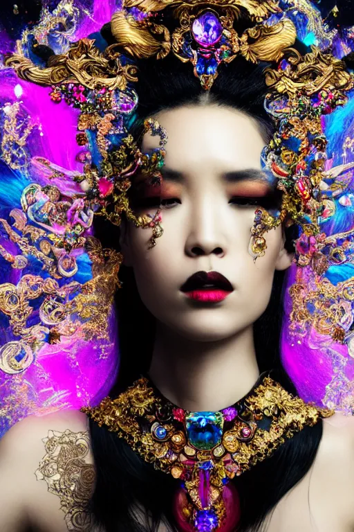 Image similar to a singular beautiful empress dramatic portrait, black hair, with a brilliant, impossible striking shiny big multi colored crystal headpiece, symmetrical, reflective surface, rainbow crystal clothes, rococo, baroque, jewels, asian, realistic, dramatic studio lighting, closeup, D&D, fantasy, intricate, elegant, highly detailed, digital painting, artstation, octane render, 8k, concept art, matte, sharp focus, illustration, art by Artgerm and Greg Rutkowski and Alphonse Mucha