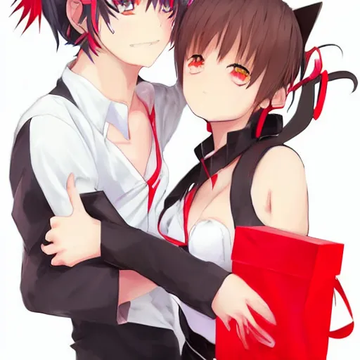 Image similar to anime woman with cat ears holding a package of sugar and a boy wearing white shirt and red tiw, digital artwork, in the style of krenz cushart
