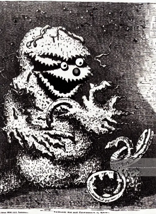 Image similar to cookie monster devours gingerbread men, demon from the dictionarre infernal, etching by louis le breton, 1 8 6 9, 1 2 0 0 dpi scan, ultrasharp detail, clean scan