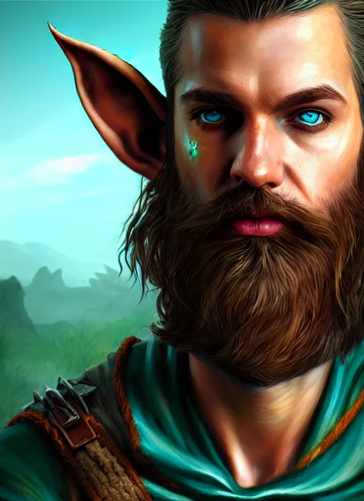 Image similar to A striking epic hyper real comic book style portait painting of an arrogant half-elf ranger, teal tunic, teal headband, shaggy brown hair, scruffy beard, scar on face, D&D Concept Art, unreal 5, DAZ, Apex legends concept art, hyperrealistic, octane render, cosplay, RPG portrait, dynamic lighting