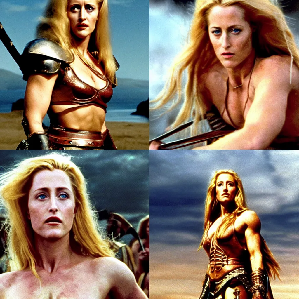 Prompt: epic photo of muscular young gillian anderson as beautiful medieval warrior queen with very long blonde hair, battle scene with a thousand warriors behind her in the background, sweaty, detailed eyes, neutral expression, shallow depth of field, photorealistic, cinematic lighting, lovely bokeh, warm colours, dusk, movie quality, conan the destroyer 1 9 8 5, movie still, cinemascope