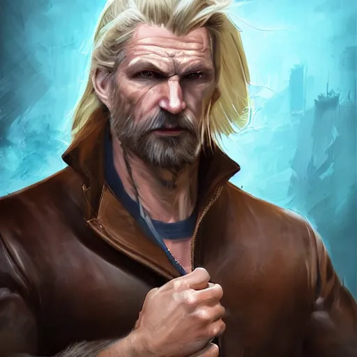 Image similar to portrait of a muscular, grim, ponytail haired blonde man in his late 30's, wearing a thick brown leather coat, looking to his side, scarred face, some beard, blue eyes, hunter, DnD character, fantasy character, digital art by Ruan Jia, Krenz Cushart, Rossdraws and Boris Vallejo