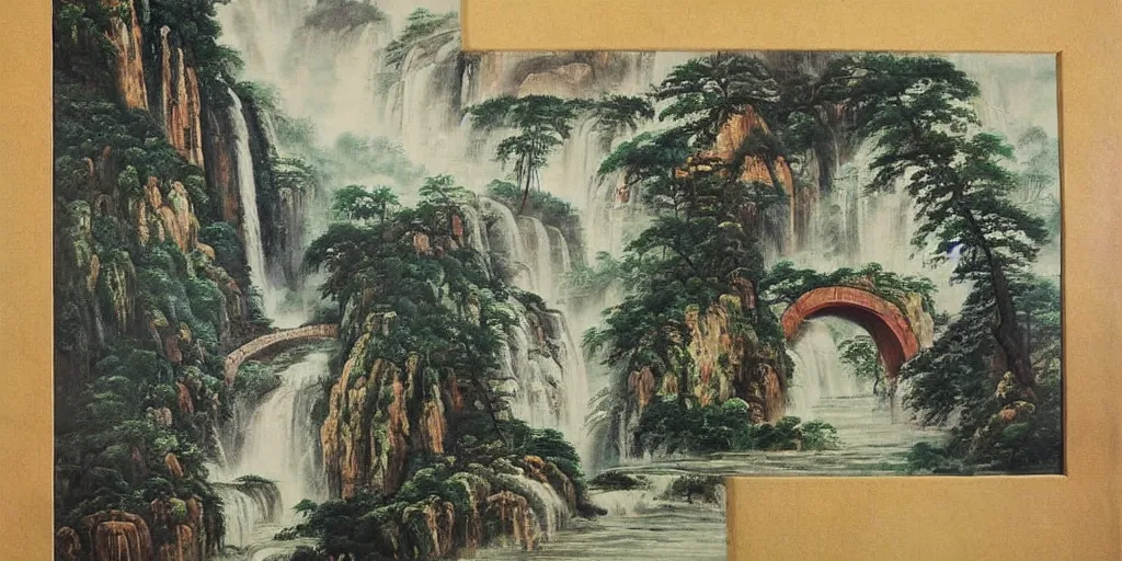 Prompt: “ large ancient gate in the middle of water fall, oil painting, masterpiece, chinese water color, aesthetic ”