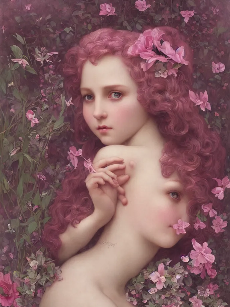 Image similar to one pink fairy with large wings exploring her lonely flower garden by herself in the style of tom bagshaw, william bouguereau, lois van baerle, ilya kuvshinov, alphonse mucha, extremely detailed, muted colors, symmetrical face, large eyes, beautiful face
