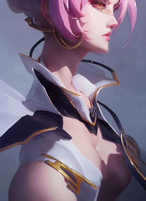 Image similar to leblanc, wide angle view, white, black, blue, pink, gold, highly detailed, artgerm, cushart krenz, zeronis, sakimichan, trending on artstation, soft light, sharp edges, illustration, character design, concept art