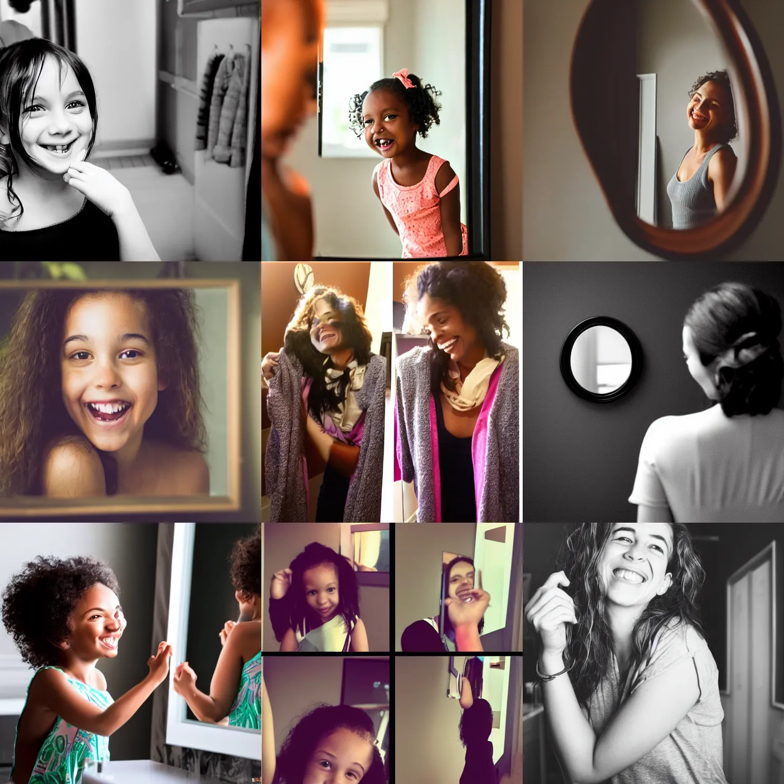 Prompt: she recognizes her own reflection in the mirror and smiles because she knows she is beautiful