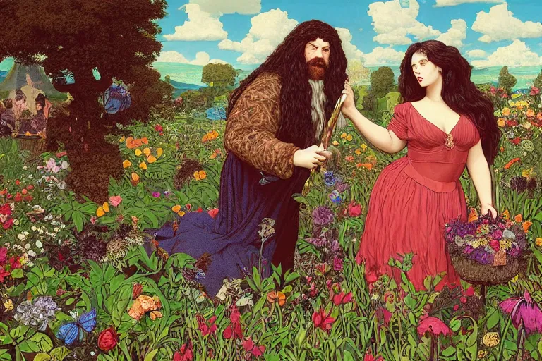 Image similar to hagrid the viking and morticia addams frolicking in a field of various flowers, fairy garden, masterpiece, highly detailed, oil on canvas, art by kilian eng and frederic leighton and rosetti
