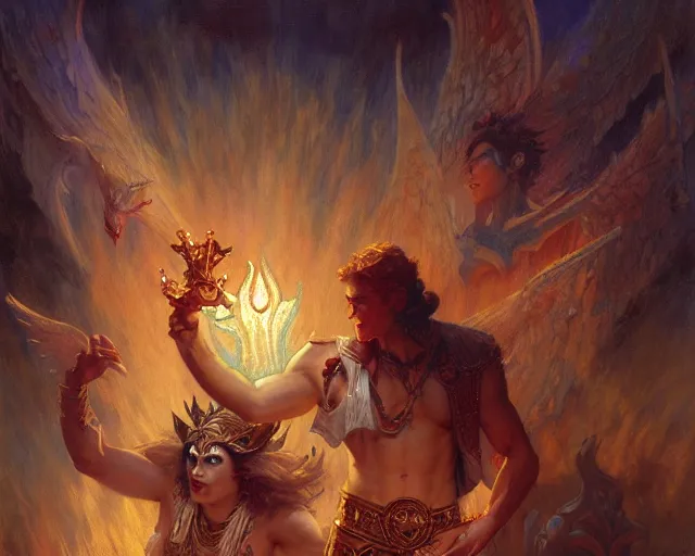 Image similar to attractive male deity, casting demonic magic, summoning handsome lucifer morning star. highly detailed painting by gaston bussiere, craig mullins, j. c. leyendecker 8 k