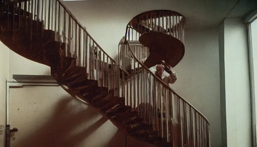 Prompt: 7 0 s movie still of a old man with a spiral stairs in the chest in the hospital, cinestill 8 0 0 t 3 5 mm eastmancolor, heavy grain, high quality, high detail