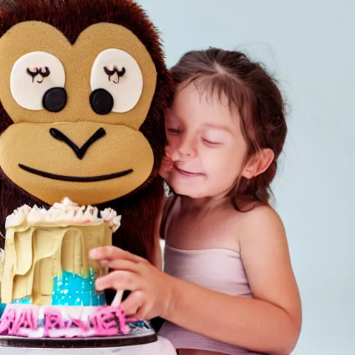 Prompt: an older monkey hugging his younger sister, birthday, cake, hyper realistic