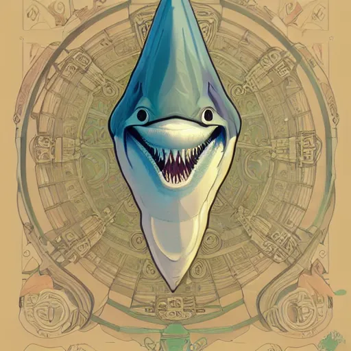 Prompt: shark with a cone on its head - ron cheng & alphonse mucha, highly detailed, digital painting, ray tracing, concept art, illustration, smooth sharp focus, intricate, symmetry, artstation,