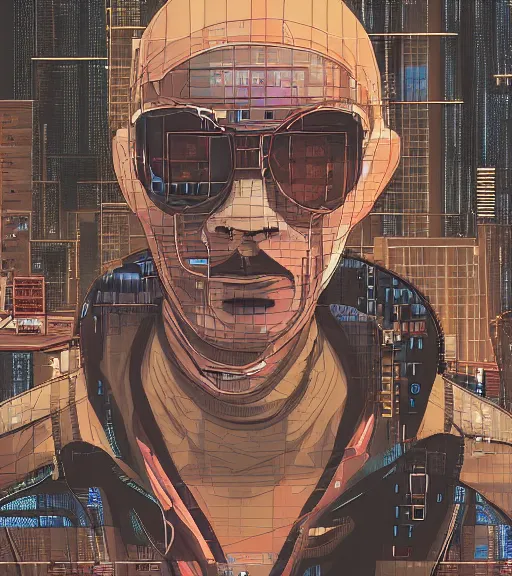 Image similar to a cyberpunk man with multiple digital patchwork faces, techwear, Industrial Scifi, detailed illustration, character portrait, by Martin Grip and Moebius