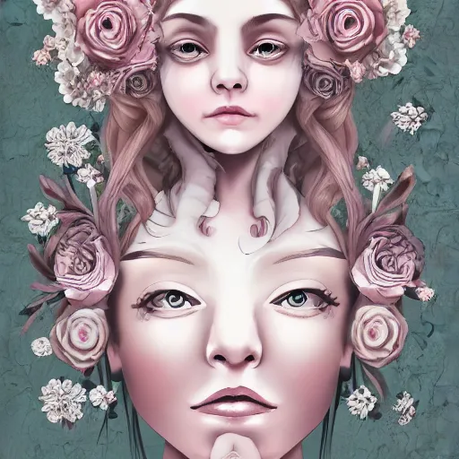 Image similar to renaissance, realistic, portrait of a creepy young lady pink cheeks wearing renaissance manga dress pale grey and white flowers skulls, background chaotic flowers