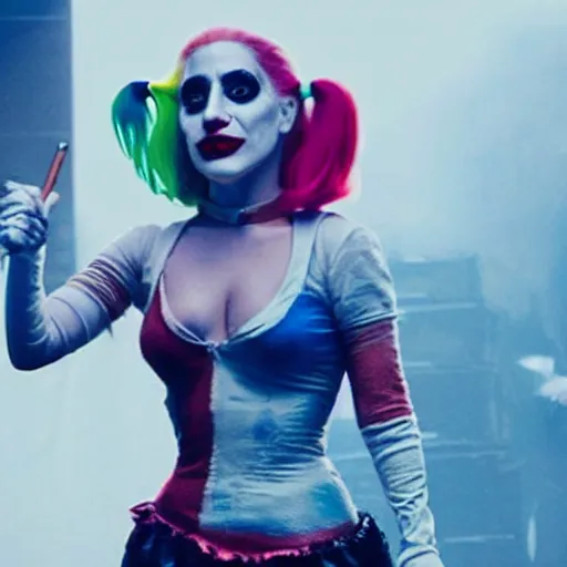 Image similar to film still of Lady Gaga as Harley Quinn in the new Joker movie