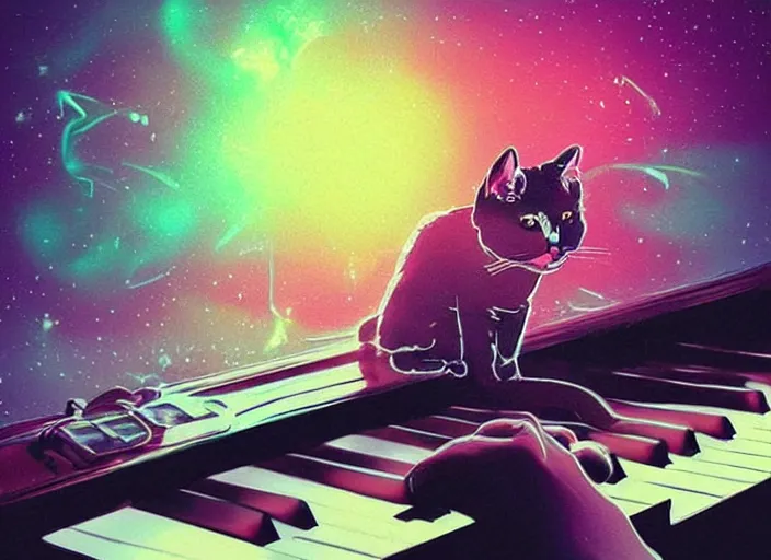 Prompt: cat [ playing a piano ], [ synthwave art style ]!!, trending on cgsociety, neon art style, [ bioluminescent colors ]!!