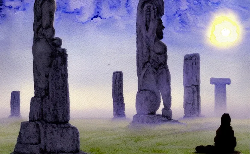 Image similar to a hyperrealist watercolour character concept art portrait of a pagan worshipper kneeling down in prayer in front of a tall elegant giant on a misty night in stone henge. a battlecruiser starship is in the background. by rebecca guay, michael kaluta, charles vess and jean moebius giraud