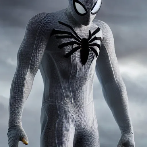 Prompt: white spider - man suit with black web lining, cinematic, volumetric lighting, realistic, hyperdetailed, photorealistic, photograph