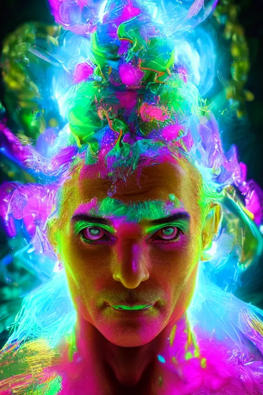 Image similar to a hyperdimensional jester, neon rainbow quartz, 4k detailed hyperrealistic digital photo by Andy Thomas, Mario Martinez, Daniel Mirante, Gustave Dore, Artstation, CGsociety