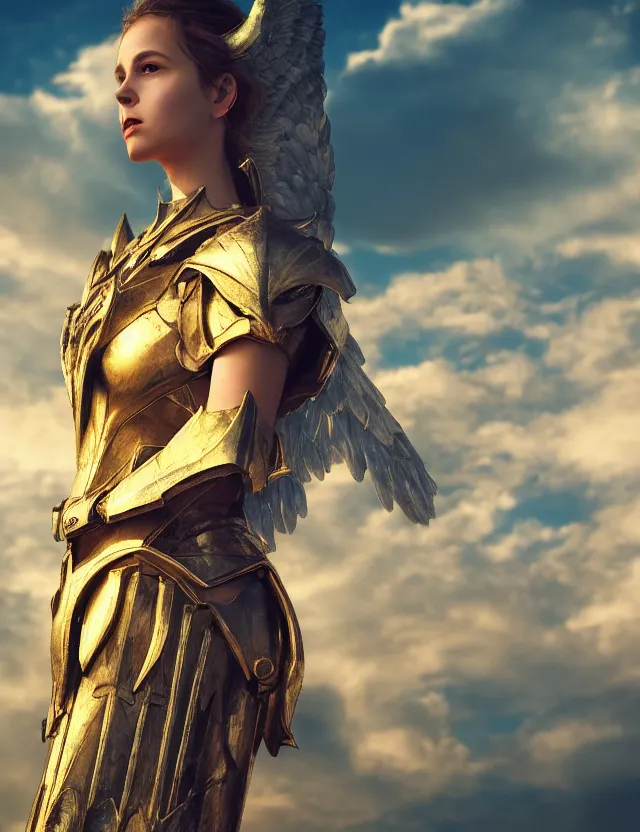 Image similar to Portrait of a fierce beautiful woman in angelic battle armor and wings, among the clouds, golden hour photography, cinematic, epic, 4k, stylized, realism