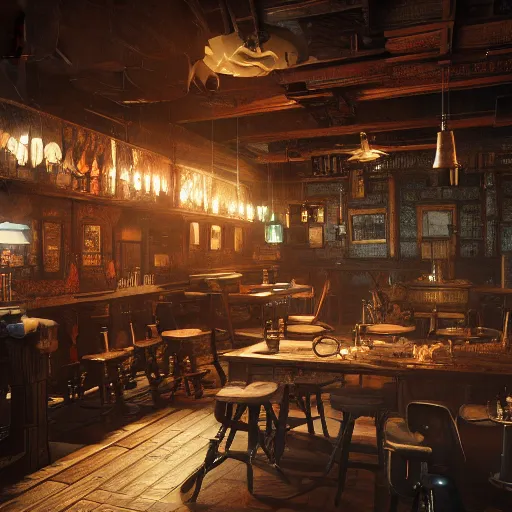 Prompt: Interior design Tavern in Mixed style of Medieval and in style of Cyberpunk, Many details by Hiromasa Ogura. Rendered in unreal engine 5, artstationHD, 4k, 8k, 3d render, 3d Houdini, cinema 4d, octane RTX volumetric natural light