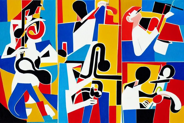 Prompt: four musicians playing with musical notes as abstract art in the style of Stuart Davis